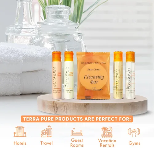 Vista 2 de Terra Pure Wild Citrus Toiletries Set Kit de Amenidades 1-Shoppe Champú de 1 oz, acondicionador, gel de baño, loción, jabón en barra de 1 onza