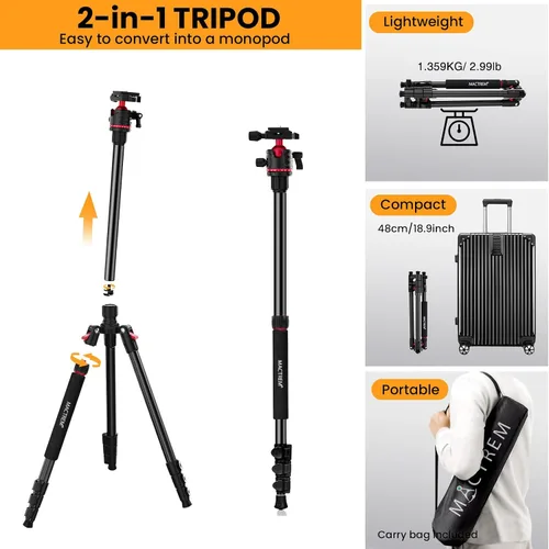 Vista 5 de MACTREM Trípode para cámara, trípode de viaje de aluminio de 67 pulgadas/172cm y monopie con cabeza de bola de 360°, soporte ligero para cámara