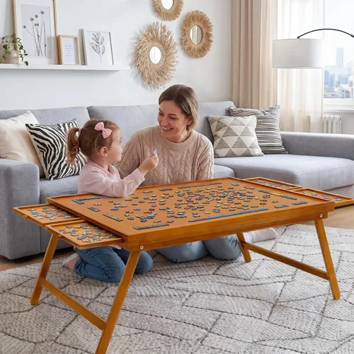 Vista 3 de TEAKMAMA Tablero de rompecabezas de madera de 1500 piezas con 4 cajones, mesa de rompecabezas plegable con cubierta protectora, tablero de Marrón