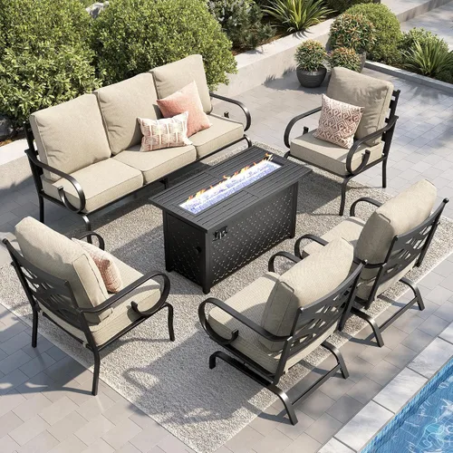 Vista 29 de PHI VILLA Patio Furniture Set with 4 Rocking Chairs & Fire Pit, Beige