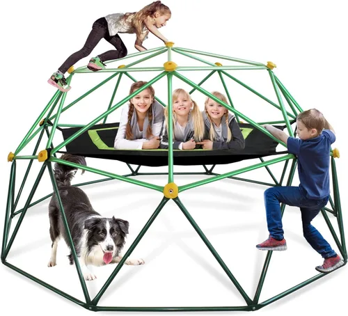 Vista 8 de Domo de Escalada Jungle Gym para Niños de 10 Pies, con Hamaca, Conjunto de Juegos Resistente de Servicio Pesado para Exteriores Todo Clima