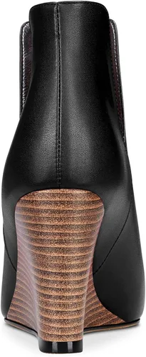 Vista 3 de Aachcol Botines de cuña para mujer, botines cortos con punta puntiaguda, tacón alto y grueso, mate, 4 pulgadas