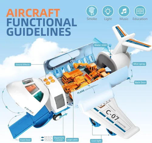 Vista 7 de Avión de carga de transporte, juego de juguetes de avión temáticos grandes, juego de vehículos de juguete educativo con sonido y luz de humo, avión