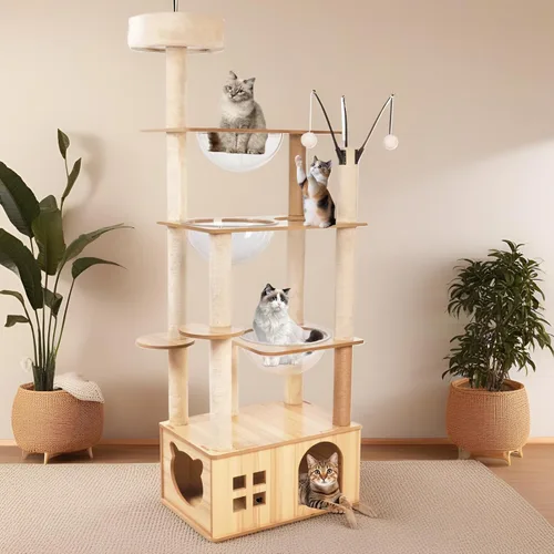 Vista 2 de Árbol de madera para gatos de 66.8 pulgadas con condominio para gatos, escaleras para gatos, 3 cuencos, juguetes, postes rascadores de sisal