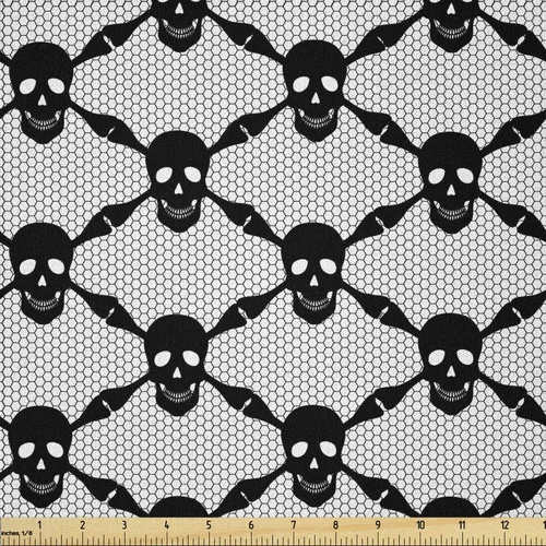 Vista 75 de Ambesonne The Yard, tela de calavera colorida con temática de Halloween, diseño de calavera y huesos cruzados, divertido estampado de dibujos