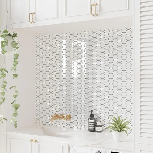 Vista 5 de VEELIKE Azulejos Hexagonales Blancos Despegar y Pegar para Salpicadero 6 Hojas Azulejos Adhesivos para Salpicadero de Cocina Azulejos de Pared