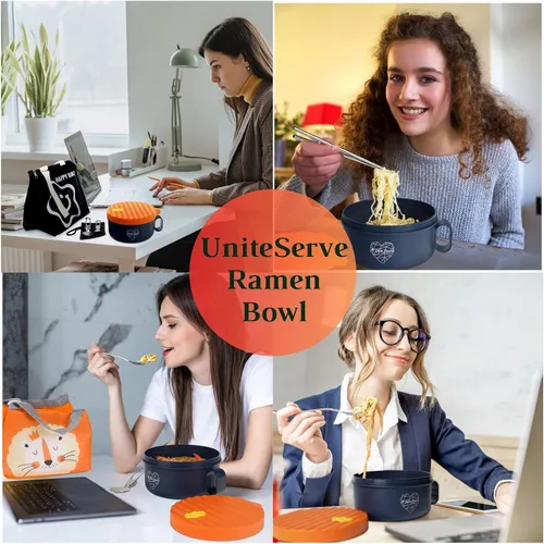 Vista 4 de Tazón de ramen para microondas para sopa y fideos instantáneos con bolsa de almuerzo aislada con cultery, cocina de ramen para microondas