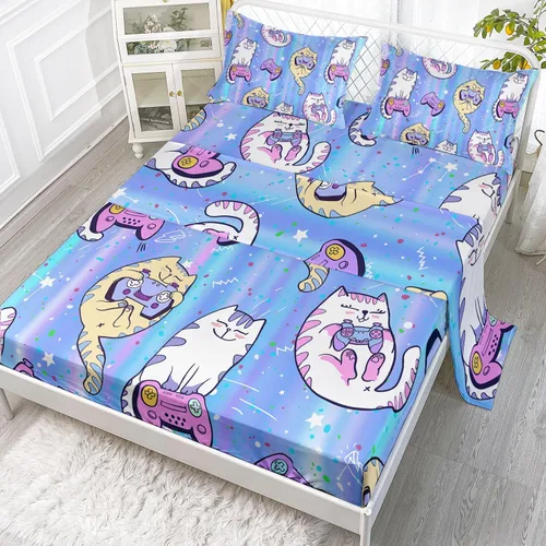 Vista 13 de Juego de sábanas de 4 piezas ajustadas y planas para niñas, estampado de mariposas y flores rosas con 1 + 2 fundas de almohada para cama individual
