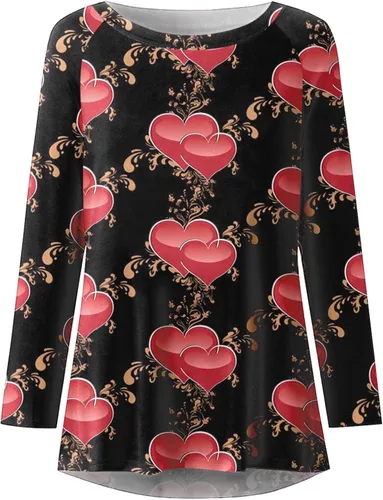 Vista 3 de Camisas para mujer, verano, otoño e invierno, cuello redondo, serie del día de San Valentín, impresión de amor, borde de comercio exterior