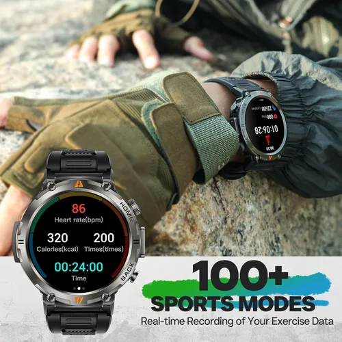 Vista 9 de Reloj inteligente militar para hombre, reloj GPS con linterna, brújula 3ATM, impermeable, resistente, táctico, inteligente, Bluetooth, 1.45