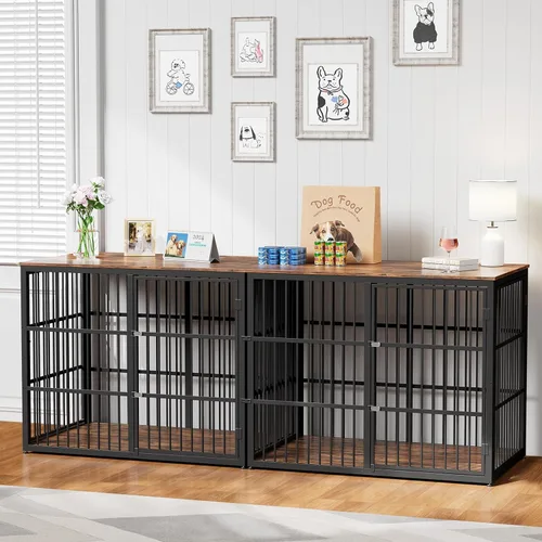 Vista 13 de Lyromix Mueble apilable para perros de 43 pulgadas, para razas grandes con habitaciones dobles, jaula de madera para perros, perrera resistente