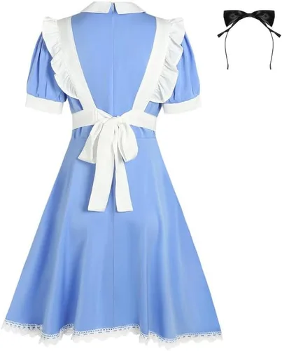 Vista 9 de Disfraz de Alicia de Halloween para mujer, vestido de princesa de manga abombada con cremallera