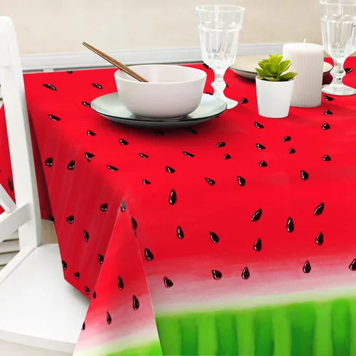 Vista 4 de Mantel de tela reutilizable con estampado de sandía, diseño de frutas, 60 x 104 pulgadas, mantel rectangular de verano rojo y verde para vacaciones