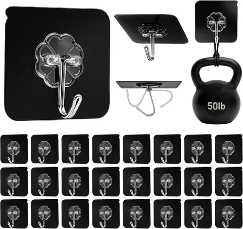 Vista 9 de DDMY Ganchos adhesivos resistentes para colgar 50 libras (máx.), ganchos de pared negros con fuerte adherencia, gancho extraíble sin daños