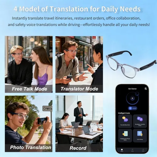 Vista 5 de Ai - Lentes inteligentes Bluetooth 5.4 con traducción para hombres y mujeres más de 160 idiomas con cambio de color, lente de chat, asistente GPT