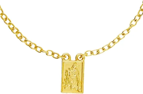 Vista 6 de Needzo Pulsera con dije de escapulario de Nuestra Señora del Monte Carmelo y San Simón en tono dorado, joyería de moda religiosa devocional, regalos