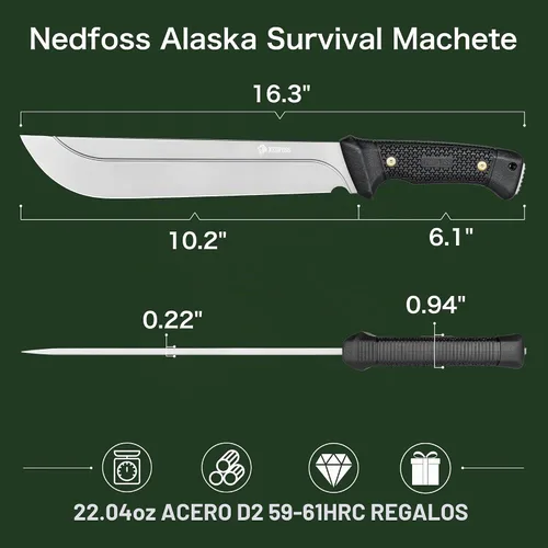 Vista 6 de NedFoss 16" Survival Machete with Sheath, D2 Steel 0.22" Thick Full Tang Blade Machete Knife with Flat Grinding, Machete for Cutting Trees, for Yard
