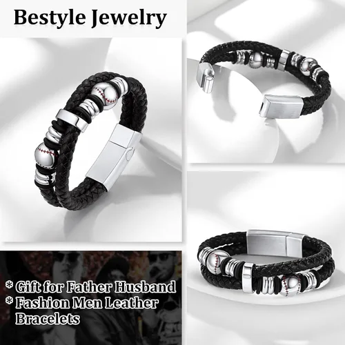 Vista 2 de Bestyle Mens Leather Bracelet with Stainless Steel BaseballSoccer Bead Bracelets for Men,Fashion Leather Bracelets for Men, Size 7.58.3Inch
