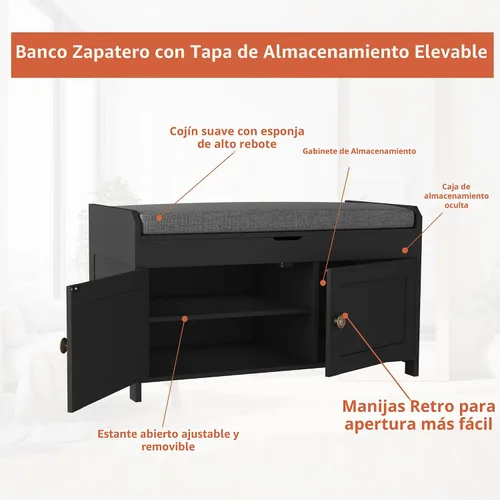 Vista 7 de HOMEFORT Banco para Zapatos de 30" con Almacenamiento de Tapa Elevable, Banco de Entrada con Asiento Acolchado, Banco de Madera para Pie de Cama