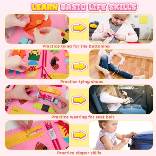 Vista 3 de URMYWO Tablero de actividades Montessori para niños de 1, 2, 3, 4 años, libro ocupado para actividades para niños con habilidades motoras finas, Rosa