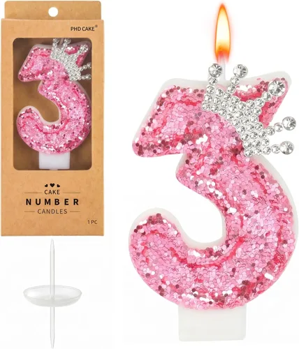 Vista 12 de PHD CAKE Velas con números de cumpleaños, velas de cumpleaños de corona rosa para pastel, velas con purpurina número 0 con lentejuelas para niñas