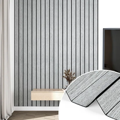 Vista 3 de Wallercity Panel de pared de listones de madera gris/blanco autoadhesivo para paredes, paneles de madera con cancelación de ruido para dormitorio