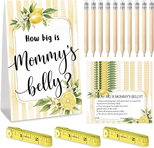Vista 32 de Sabary 64 Piezas Juegos de Baby Shower Incluyen Letrero How Big is Mommy's Belly Sign Measure Bump Game 50 Tarjetas 10 Lápices 3 Cintas Métricas