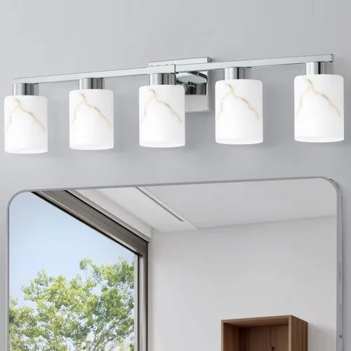 Vista 23 de Juego de 2 apliques de pared dorados con pantalla de vidrio de mármol, accesorios modernos de tocador de baño para dormitorio, pasillo, entrada