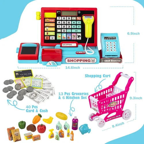 Vista 3 de Caja registradora para niños, calculadora real, caja registradora con escáner de juguete para niño de 3, 4, 5, 6, 7, 8 años, juego de simulación