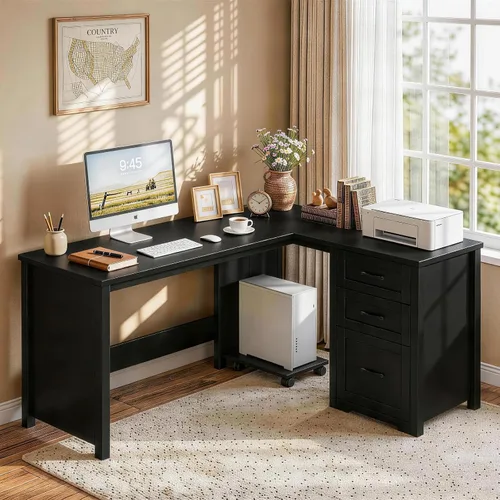 Vista 7 de Vabches Escritorio ejecutivo en forma de L de granja de 61 pulgadas con cajones de archivos, escritorio de esquina para computadora con soporte