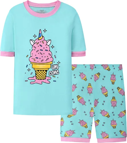 Vista 2 de Joyond Summer Pajamas for Girls Cotton Toddler Clothes Kids Short Sleeves Snug-Fit Sleepwear Unicorn Flamingo Pjs Set