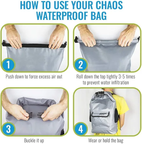 Vista 7 de Mochila impermeable Chaos Ready, bolsa seca, resistente, correas acolchadas para el hombro, bolsillos laterales de malla, fácil acceso al bolsillo