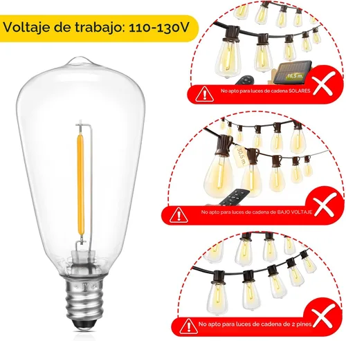 Vista 3 de Bombillas LED de repuesto con base E12/C7 para luces de cuerda ST38 para exteriores - No solar, bombilla LED vintage de 1 W inastillable, blanco