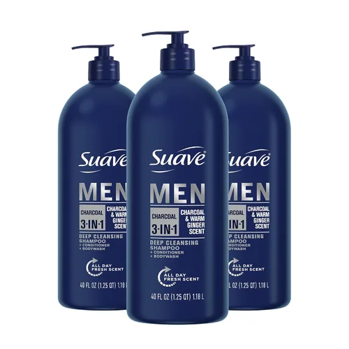 Vista 10 de Suave Men Champú 3 en 1 de limpieza profunda, acondicionador y gel de baño con polvo de carbón, desintoxica y limpia el cabello y la piel, elimina