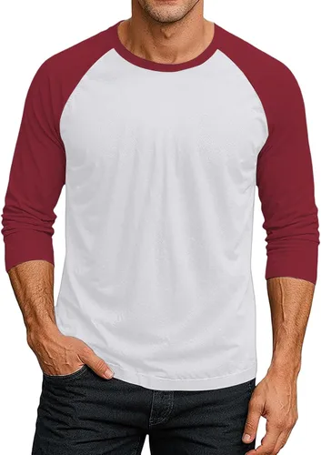 Vista 13 de Camiseta de béisbol raglán para hombre, manga larga, cuello redondo, tela ligera que absorbe la humedad para uso casual
