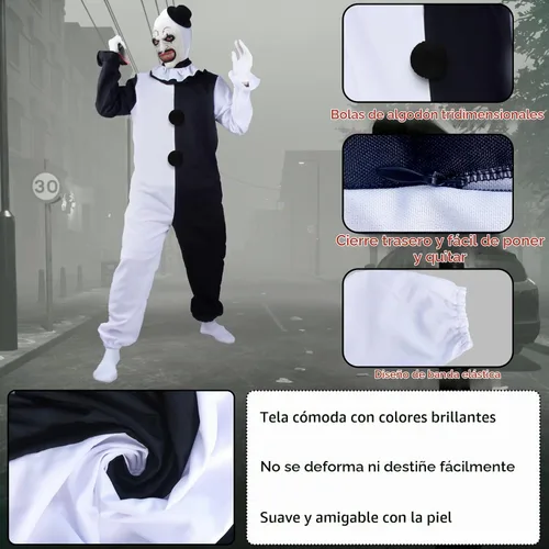 Vista 3 de Disfraz de payaso artístico para cosplay, disfraz de terror de Halloween, payaso asesino, traje de terror con overol de máscara de látex, cuchillo