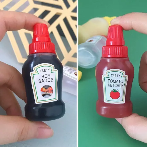 Vista 3 de 8 mini botellas exprimibles de condimentos de 0.8 fl oz de miel, salsa de tomate, salsa, aderezo de ensalada, recipientes exprimibles de plástico