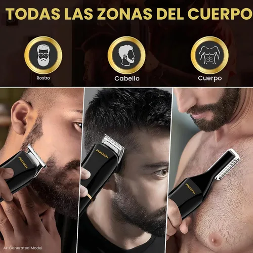 Vista 2 de PRITECH Cortadora de barba para hombres, kit de cortapelos 6 en 1, kit de aseo inalámbrico de precisión impermeable IPX6 para barba, cabello Negro