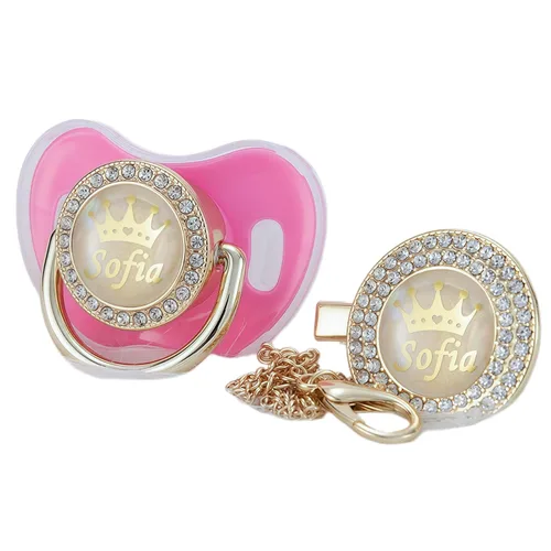 Vista 15 de Juego de Chupete y Clip Personalizado con Cualquier Nombre, Bling Oro Plata, 18 Colores, Libre de BPA, Diseño Único Lujoso, Chupete Ideal para Bebé
