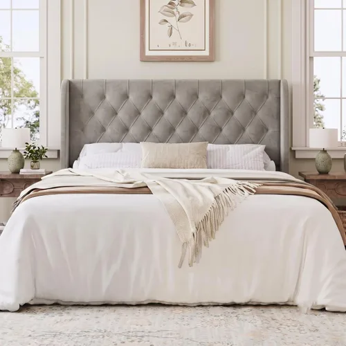 Vista 3 de HOMBCK - Marco de cama tamaño completo, base de cama tapizada en plataforma gris con cabecero, terciopelo acolchado, diseño de ala curvada, listones