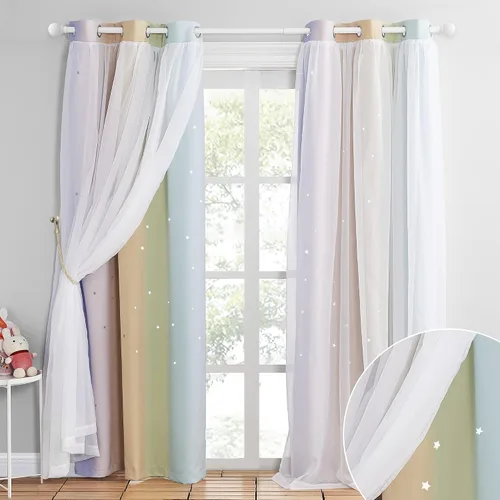 Vista 43 de NICETOWN Cortinas para dormitorio de niñas, cortinas de arco iris, cortinas de estrellas, cortinas de princesa, decoración de habitación