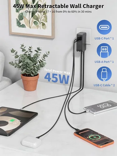 Vista 8 de Cargador USB C retráctil, cargador de iPhone de 45 W, carga rápida, bloque de enchufe plegable 4 en 1, cable doble tipo C para iPhone 17E/17