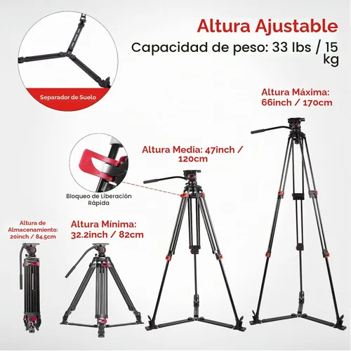 Vista 5 de miliboo MTT609A - Trípodes profesionales resistentes con cabezal de amortiguación ajustable Carga 33 libras, altura 18.5-65.8 pulgadas, cuenco