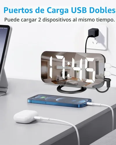 Vista 2 de Reloj despertador digital, relojes electrónicos con espejo LED de 7 pulgadas, con 2 puertos de carga USB, modo de suspensión, ajuste automático