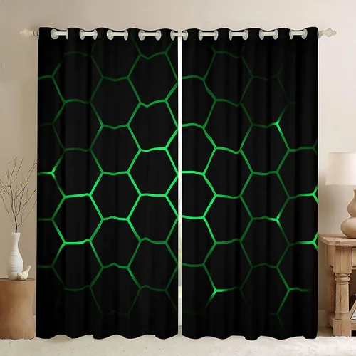 Vista 9 de Feelyou - Cortinas de ventana en forma de panal, tema geométrico hexagonal con luces de neón verdes, para chicos adolescentes y hombres, elegante