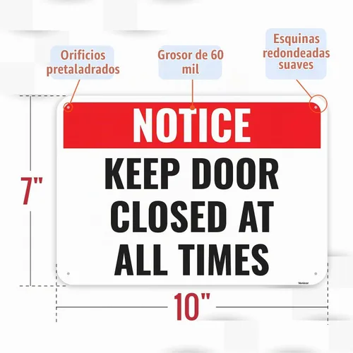 Vista 2 de 1 letrero con texto en inglés "Keep Door Closed At All Times", 10 x 7 pulgadas, aluminio, letrero para puerta con texto en inglés «Please Closed