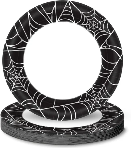 Vista 4 de Platos redondos de papel de telaraña – 10 pulgadas (paquete de 40) – Paquete elegante y duradero, perfecto para Halloween y celebraciones temáticas