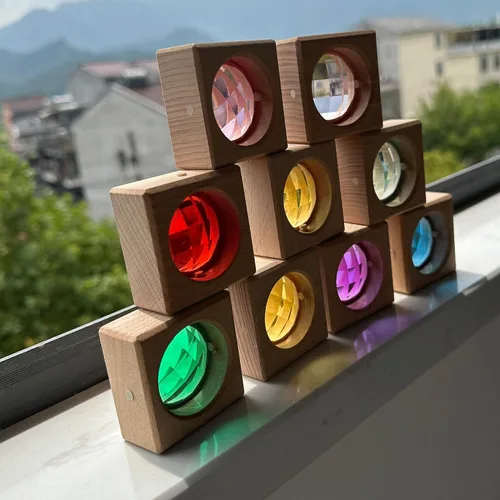 Vista 6 de 16 bloques de gemas de madera acrílica, juguetes apilables coloridos acrílicos brillantes, juguetes educativos Montessori de extremo abierto