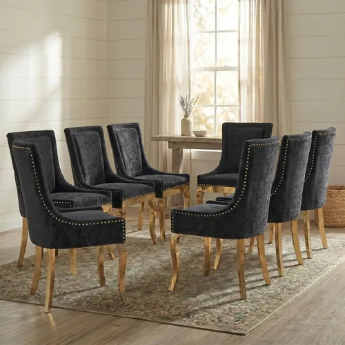 Vista 24 de Juego de 2 sillas de comedor tapizadas, sillas de cocina de tela con ribete de cabeza de clavo, sillas de cocina y comedor con respaldo alto, patas