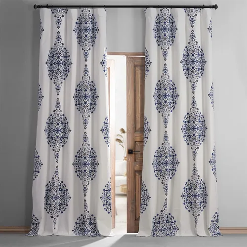 Vista 2 de HPD HALF PRICE DRAPES PRTW-BOD41-96 Kerala - Cortina opaca de algodón con estampado de hotel (1 panel), 50 x 96, color azul Kerala